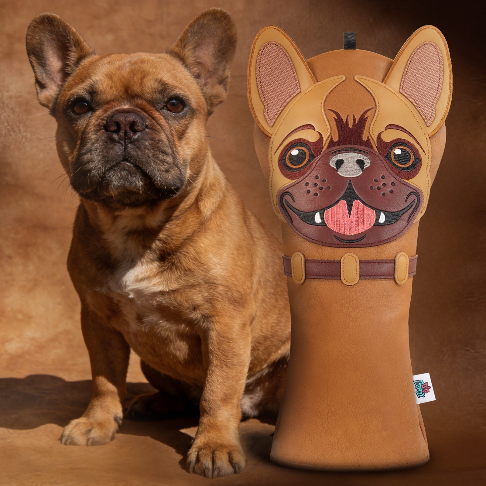 Brown PU Bulldog Embroidered Driver Golf Head Cover
