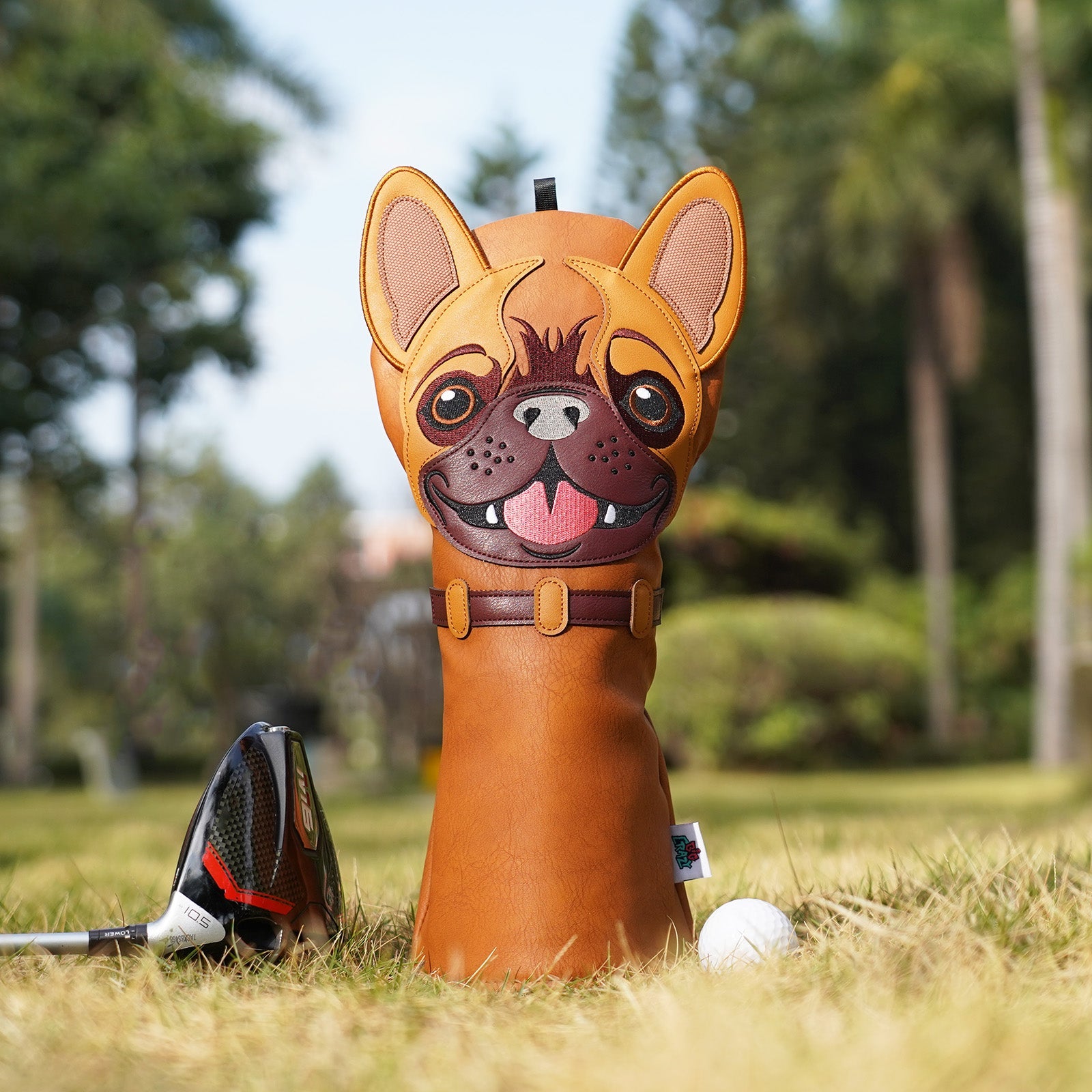 Brown PU Bulldog Embroidered Driver Golf Head Cover