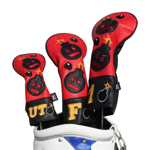 Red Black Leather Angry Bombs Golf Headcovers