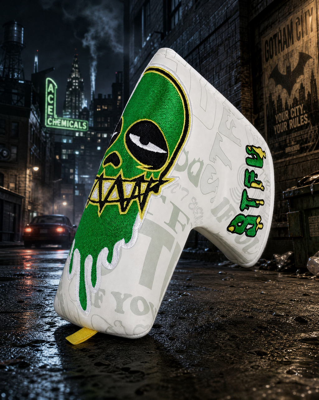 White Green Skull Embroidered Putter Golf Head Cover