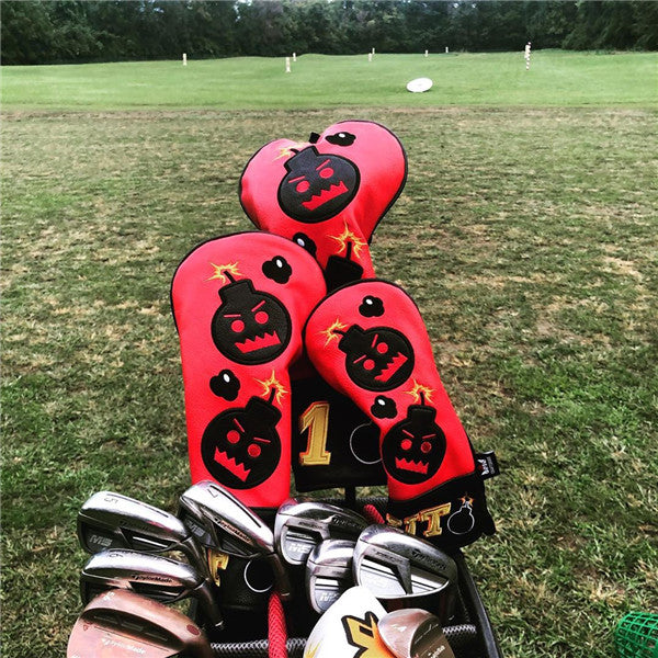 Red Black Leather Angry Bombs Golf Headcovers