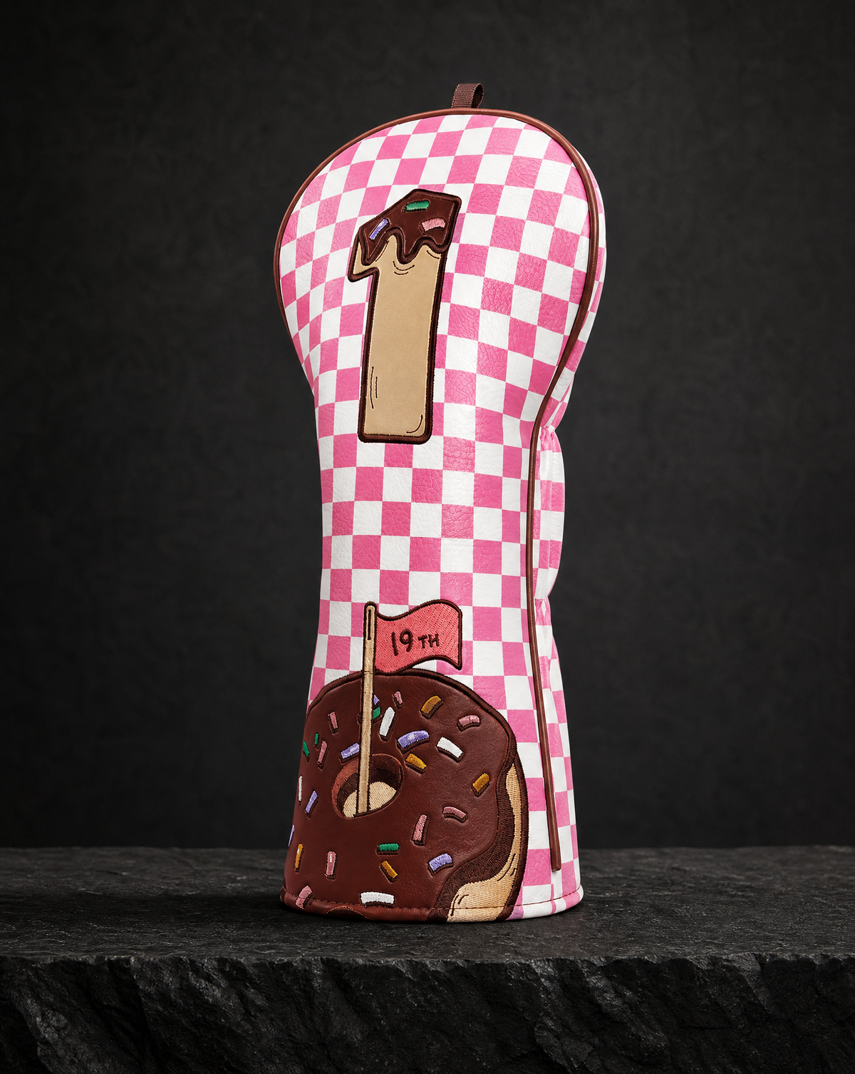@Pink-and-White Checkered Donut Driver Golf Headcover