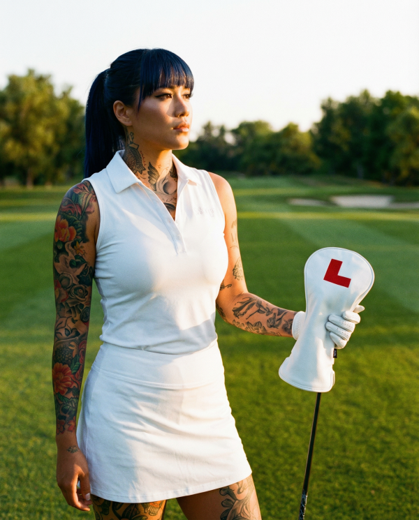 Mika holding Learner Driver on a golf course in golden hour light wearing white golf attire 2