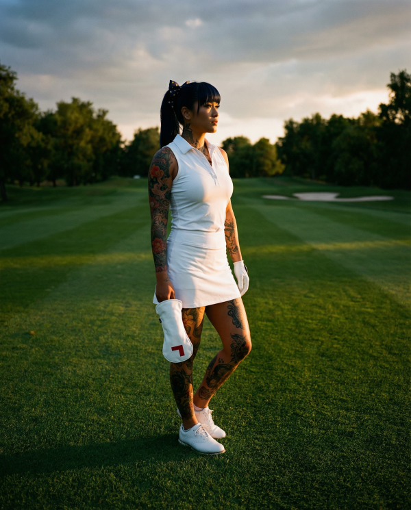 Mika holding Learner Driver on a golf course in golden hour light wearing white golf attire