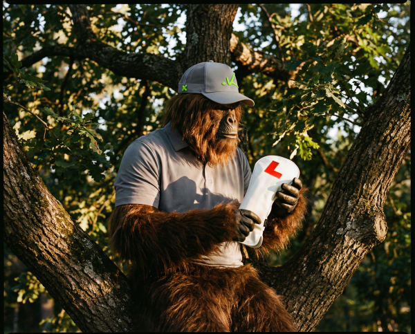 bigfoot wearing grey trucker cap grey and matching grey polo shirt holding Learner Driver Cover