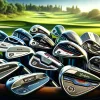 Mastering the Pitching Wedge: Essential Tips, Reviews & Guide 5 a close-up view of a variety of pitching wedges, showcasing different brands and models. The wedges are arranged artistically