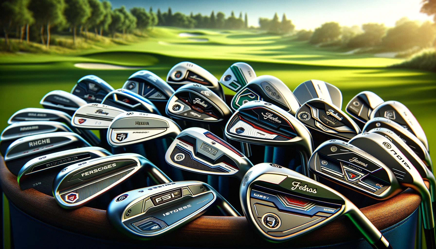 a close-up view of a variety of pitching wedges, showcasing different brands and models. The wedges are arranged artistically